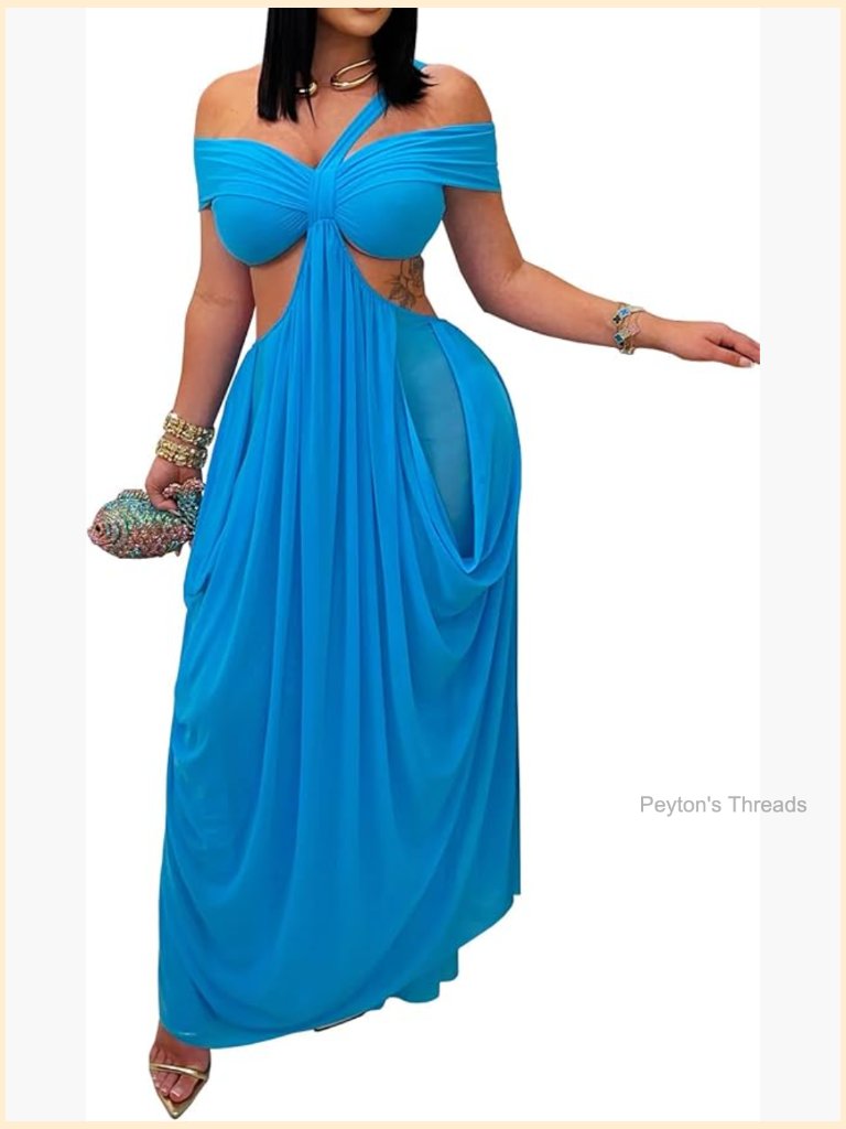 Sheer Mesh Off Shoulder Cut Out Maxi Dress Night Out Party